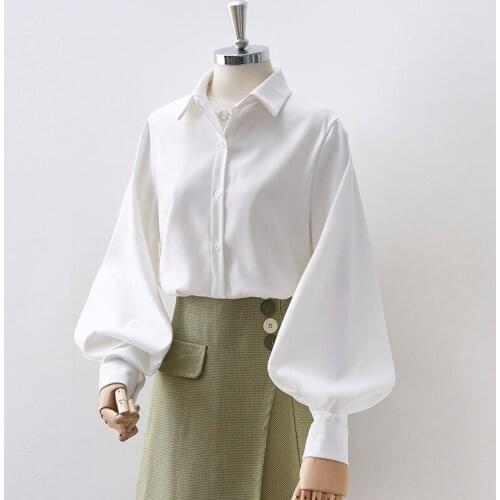 Big Lantern Sleeve Blouse Women Autumn Turn-down Collar Shirts Office Work Blouse Solid Vintage Blouse Shirts DD9121
