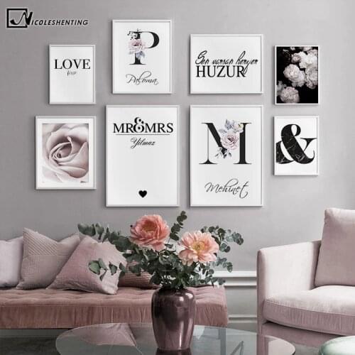 Floral Letter Personal Custom Name Poster Couples Romantic Art Print Love Quotes Canvas Wall Painting Nordic Picture Room Decor