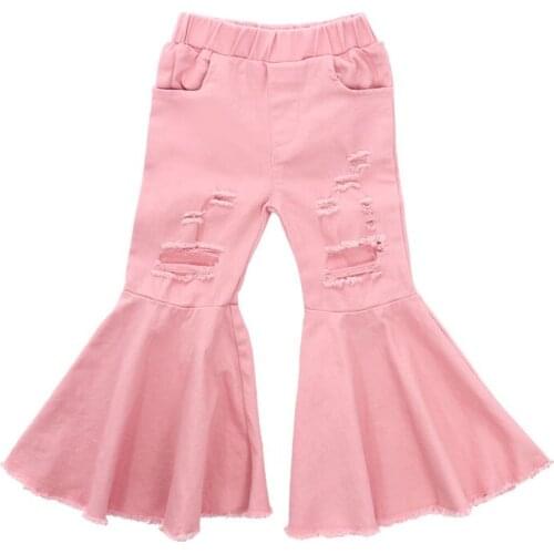 Focusnorm 2-6Years Girls Pink Denim Pants Toddler Kids Baby Solid Holes Ripped Boot Cute Flare Long Pants