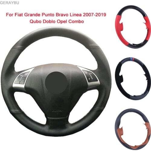 GERAYBU Custom DIY Black Leather Hand-Sewn Car Steering Wheel Cover For Fiat Grande Punto Bravo Linea Qubo Doblo Opel Combo