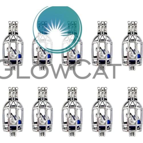 GLOWCAT 10x K670 Cute Birdcage Bird Beads Cage Pendant Essential Oil Diffuser Pearl Cage Locket Pendant Jewelry Making Supplies