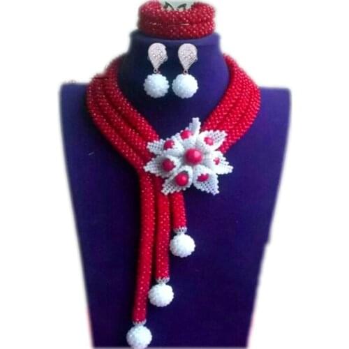 Hot Red Newest Dubai Design Jewelry Sets White Flower African Nigerian Beads Necklace Sets Fashion Wedding Party Women Beads