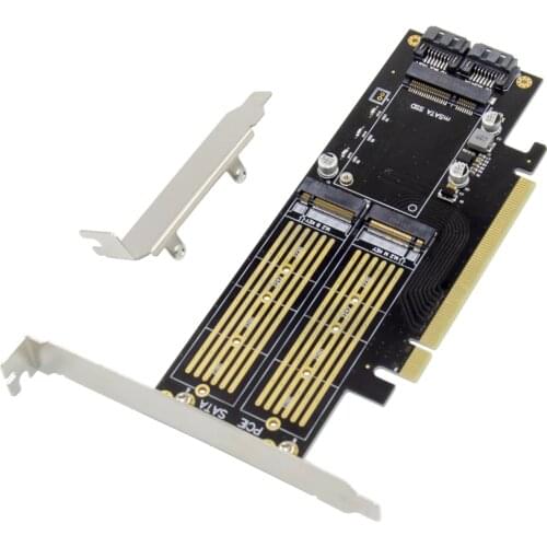 3 In 1 PCI-E 3.0 X16 to NGFF M.2 NVMe AHCI SSD Adapter Card For M Key B Key mSATA Solid State Drive With Dual SATA III Interface