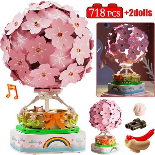 City Creative Sakura Hot Air Balloon Model Building Blocks Street View Cherry Blossoms Music House MOC Brick Toys for Children