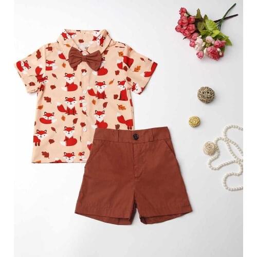 Summer Baby Boy Clothes Set 2-7Y Toddler Boys Cartoon Print Bow Button Shirt Shorts Set Casual Children Summer Outfits