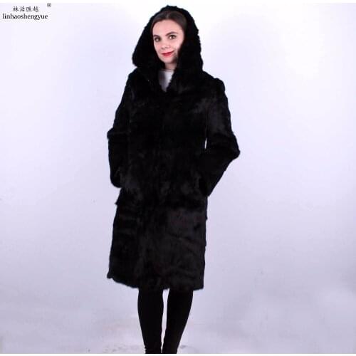 Linhaoshengyue Spring Women Real Rabbit Fur Long Coat Fashion Women Coat