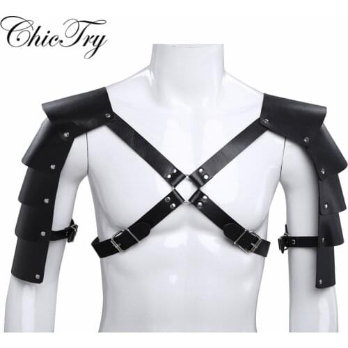 Fashion Male Mens Lingerie Faux Leather Adjustable Body Chest Harness Bondage Cosplay Party Costume with Shoulder Armors Buckles