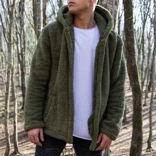 Mens Heavy Weight Hood Pocket Jackets Fluffy Fleece Jacket Winter Warm Loose Outwear Cardigan Plain Thick Coat Jacket