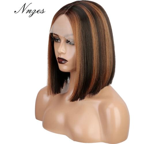 NNZES Short Straight Blonde Mix Brown Lace Wigs Highlight Synthetic Lace Front Wigs for Black Women Black Ombre Blonde Bob Wigs