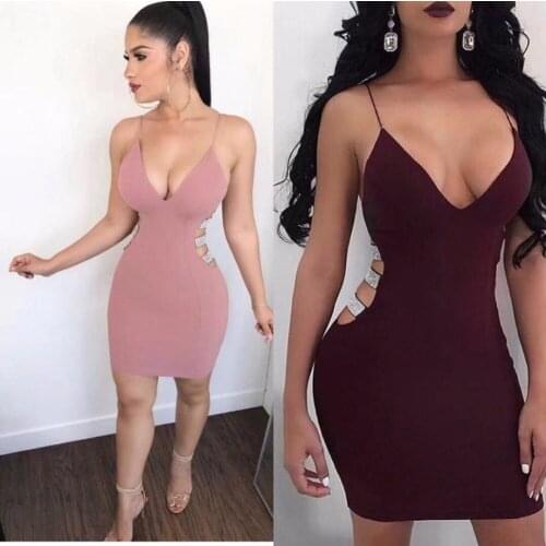 Factory Wholesale New Dress Sleeveless V-neck Sweet and Sexy Stretch Slim Hollow Out Party Bandage dress Lavender Burgundy Black
