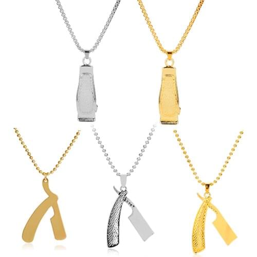 3D Salon Necklaces Barber Razor Shaver Knife shape necklaces gold Hip Hop pendant for men women dropshipping