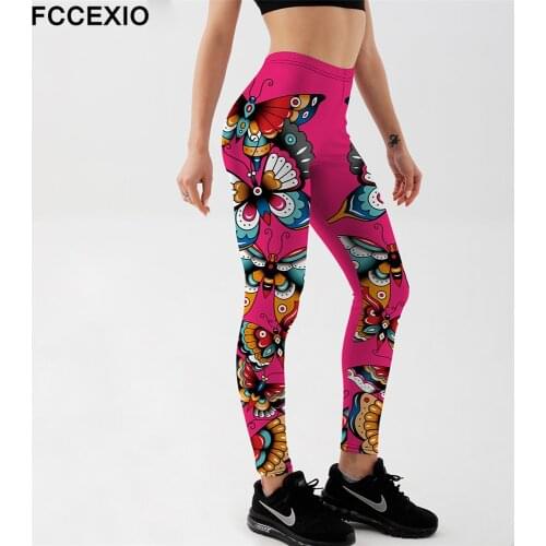 FCCEXIO Sexy Fashion Women Leggings Two Side Butterflies Printed Rose-Red Color Leggings New Design Trendy Casual Workout Pant