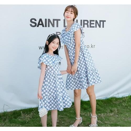 Girls Dress Elegant Blue Dot Princess Costume Summer Kids Dresses for Girl Holiday Children Clothes Mother Daughter Dress