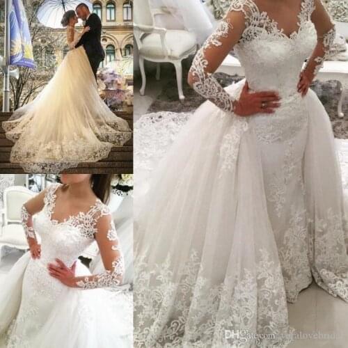 Elengant Stylish Wedding Dresses Detachable Train Lace Long Sleeve Vintage Bridal Gowns Plus Size Vestido De Novia