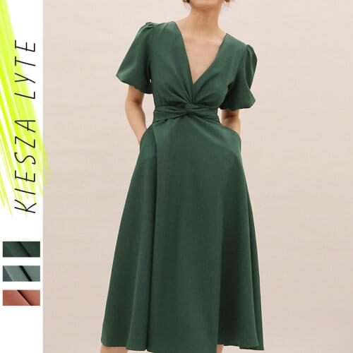 Women Clothes Dress New 2021 Short Lantern Sleeve Bind Twist V Neck Over Knee Midi A-Line Dresses vestido de mujer