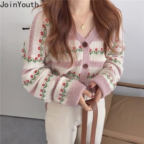 Joinyouth Sweaters for Women Korean Kawaii Flower Knitted Cardigan Loose Women Cardigan 2020 Japanese Coats Pink Cardigans Tops
