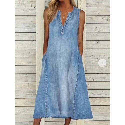 Women Dress Denim African Dress Loose V-Neck Casual Denim African Clothing European American New Blue Women Dresses Summer 2021