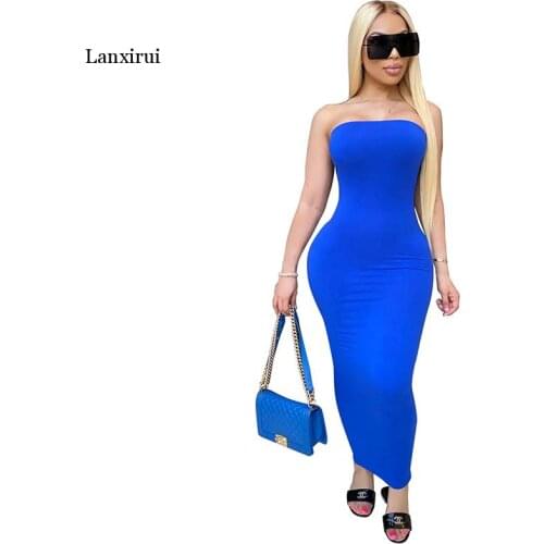 Summer Women Plus Size Solid Sexy Strapless Slash Neck Sleeveless Tight High Stretch Long Bodycon Dress 4xl 5xl