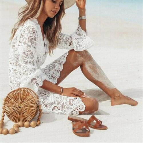 Women Beach Floral Mini Dress Bikini Cover-ups Lace Crochet Hollow Bathing Suit Swimsuit White Tunic Sarong Wrap Beachwear