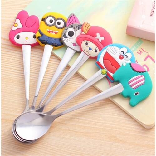1pcs Random Cartoon Silicone Handle Stainless Steel Spoon For Baby Boys Girls Fashion Cute Animals Spoon