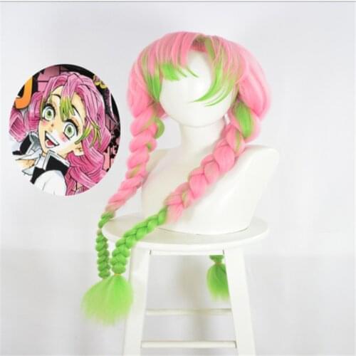100cm Anime Demon Slayer: Kimetsu no Yaiba Cosplay Kanroji Mitsuri Role Playing Wigs Halloween Cosplay Pink Greenish