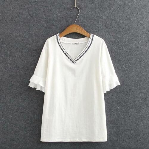 Plus size Cotton embroidery V neck solid white navy women loose tshirts 2020 new summer casual ladies soft t shirts female tops