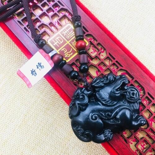 Natural Hetian Black Jade Hand-carved black good luck unicorn pendant necklace Men and women sweater chain