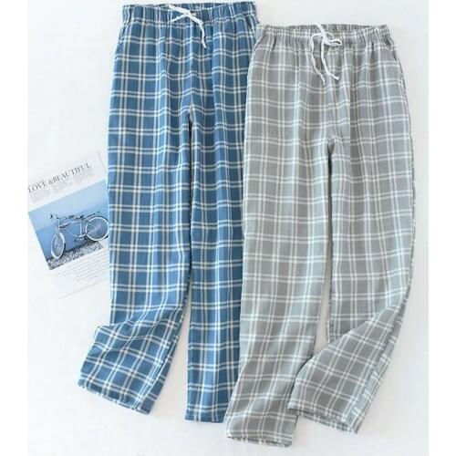Mens Cotton Gauze Trousers Plaid Knitted Sleep Pants Mens Pajamas Pants Bottoms Sleepwear Pajama Short For Men Pijama Hombre