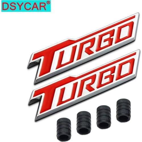 DSYCAR 1Pair 3D Metal TURBO Logo Car Badge Emblem Sticker + 4Pcs Knurled Style with Plastic Core Valve Caps for Universal Cars