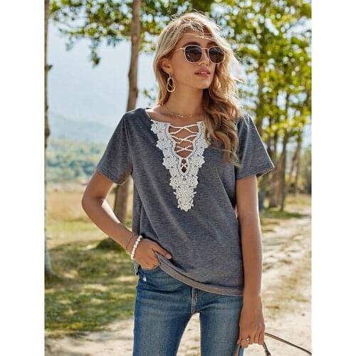 Summer Clothes For Women Fashion Slim Solid Color Comfortable Lace Splicing V-Neck Short Sleeve T-Shirt Lady Breathable Tshirts