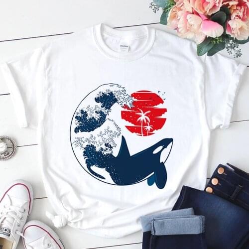 Whale Graphic Print T-shirt Women 2021 Summer Japanese Tshirt Tee Harajuku Aesthetic White Tops Female T Shirt grunge