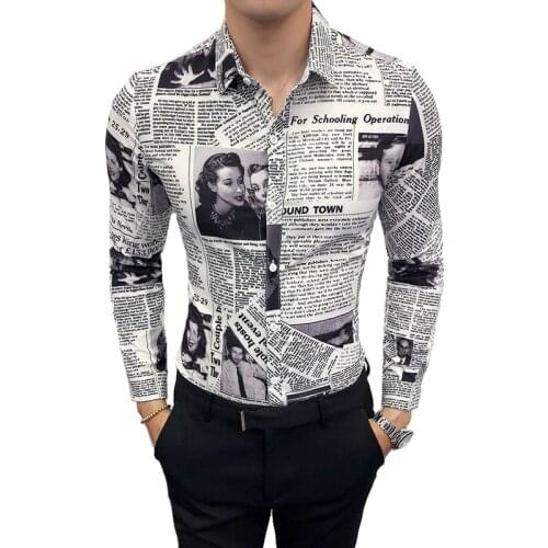 Personality Youth Trend Fashion Casual Mens Long-sleeved Shirt Spring and Autumn New M-5XL Printed Newspaper Slim Shirt 2019