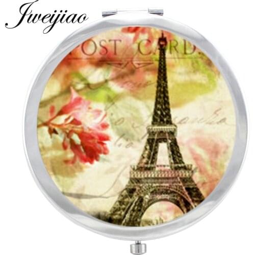 JWEIJIAO Eiffel Tower Glass Cabochon Makeup Mirror Paris France Floding Round compact Hand pocket Magnif Mirror espejo