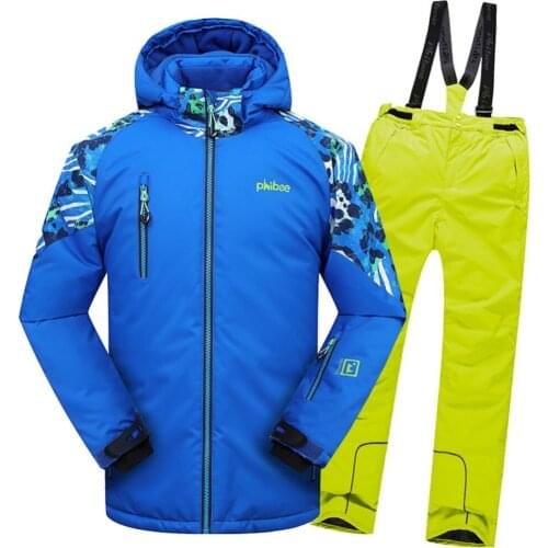 Childrens Ski Wear Set Thicken Warm Outerwear Windproof Waterproof Jacket + Strap Pants Suit Hooded Snowboard Winter Sportswear