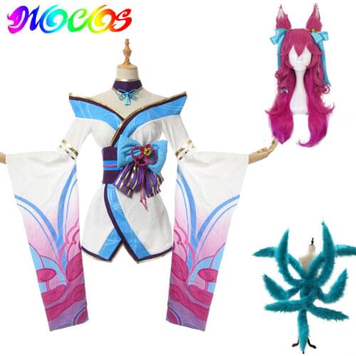 DIOCOS LOL Spirit Blossom Ahri Cosplay Costume Wig with Ears Headwear for Halloween Party