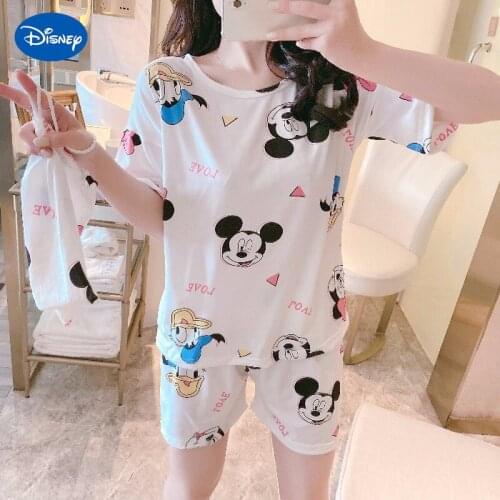 Disney Mickey Donald Duck 2021 Summer Pajamas Women Loose Sweet Cute Cartoon Home Service Girl Heart Cloth Bag Home Service Suit
