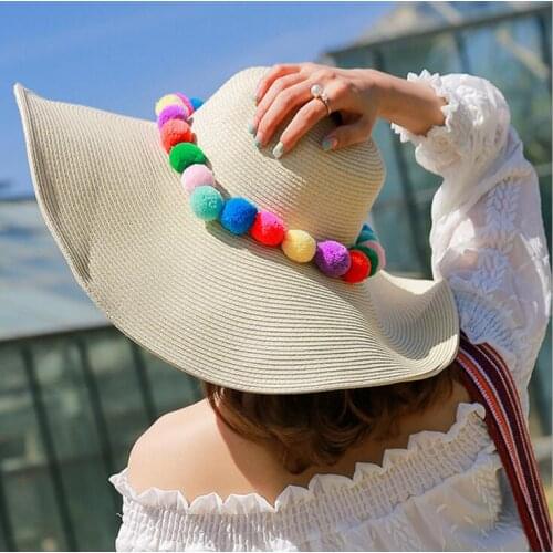 Summer Womens Foldable Beach Sun hat Wide brim Hat Pom Pom Straw Outdoor Cap 4 colors
