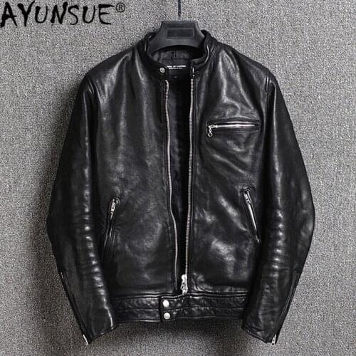 AYUNSUE 2020 Mens Leather Jacket 100% Sheepskin Coat Genuine Leather Motorcycle Jacket Slim Fit Spring Autumn Real Leather KJ