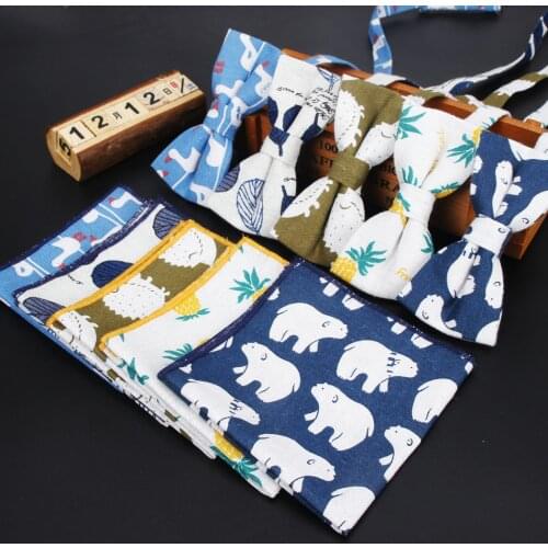 Mens Narrow Bow Tie Hankerchief Set LinenTextile Flower Cartoon Butterfly Pocket Square Printing Floral Classic Skinny Ties
