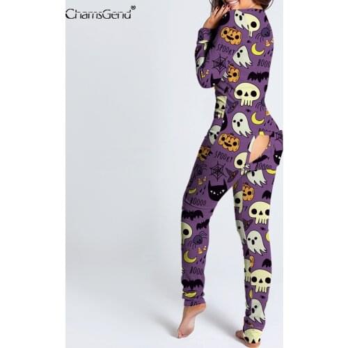 2021 New V-neck Buttons Up Sexy Romper Women Long Sleeve Jumpsuits Halloween Print Sleepwear Back Flap Pajamas Sleepwear