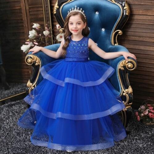 2021 New Girls Sleevelss Appliques Floral Princess Dress Kids Wedding Elegant Party Prom Ball Gown Children Costume 3-16 Year