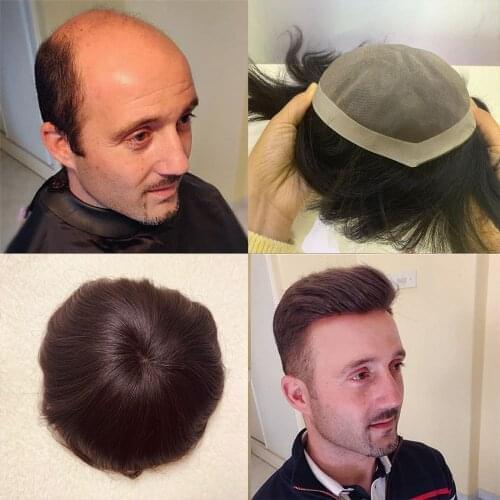 BYMC Black lace+weft base Hair Toupee Men Brazilian Human Hair Replacement System Male Wig For Handsome Man