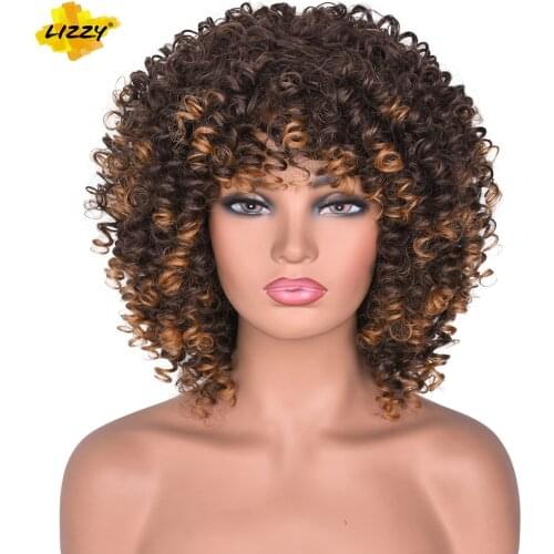 14inch Afro Kinky Curly Wig With Bangs Synthetic Short Cosplay Wigs For Black Women Natural Heat Resistant Black Wig Lizzy Hiar