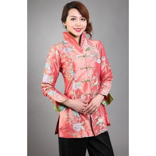 Special Orange Womens Silk Satin Jacket Mandarin Collar Long Sleeve Coat Embroidery Floral Tang Suit Size S To XXXL NJ48