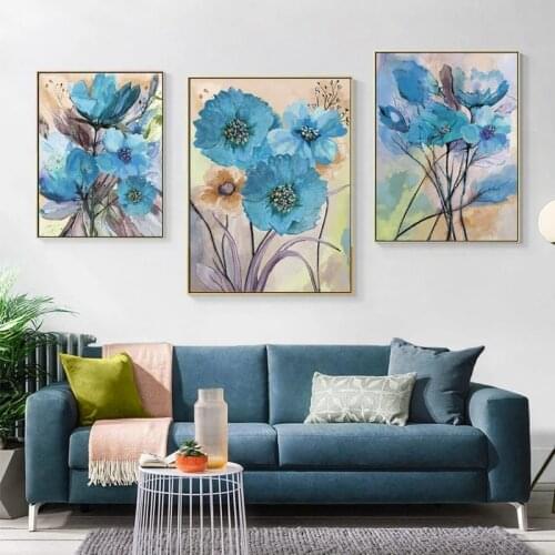 Watercolor Blue Flower Poster Nordic Abstract Plant Canvas Painting Modern Wall Art Print Pictures for Aisle Living Room Decor