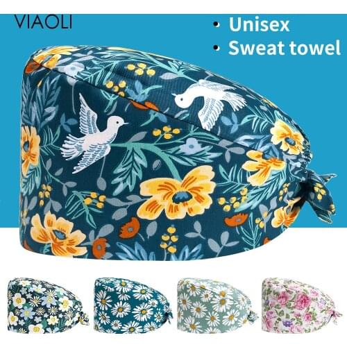 Adjustable Floral Printing Scrub Hat Dental Clinic Doctor Scrub Cap 100%Cotton Pet Grooming Nurse Hats Tooth Beauty Working Caps
