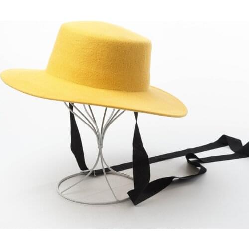 Fashion Retro Fedora Hats For Women Autumn Winter 100% Wool Top Hat Flat Top Wide Brim Solid Female Cap With Chin Strap New 2021
