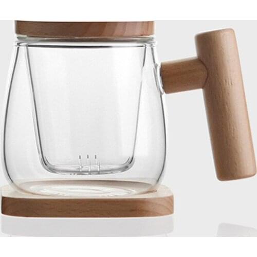 Glass Transparent Tea Cup With Filter Creative Infusion Of Mugs Wooden Lid Cover Beech Handle For Water Milk