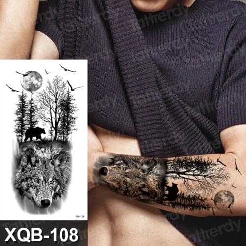 Temporary Tattoo Sticker Forest Moon Bird Bear animal Tattoos Waterproof Leopard Wolf Tiger Body Art Arm flower Fake Tattoo Men