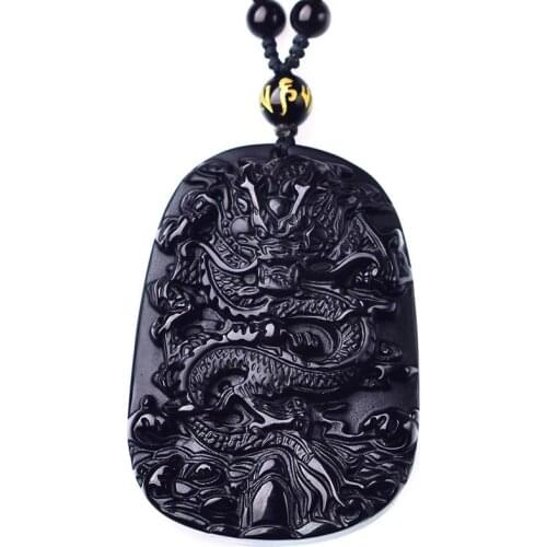 High Quality Natural Black Obsidian Carved Dragon Lucky Amulet Pendant Necklace For Sweater chain Women Men pendants Jewelry